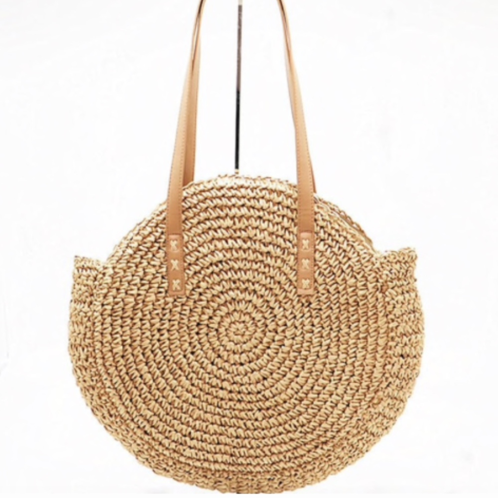 Large woven round straw bag